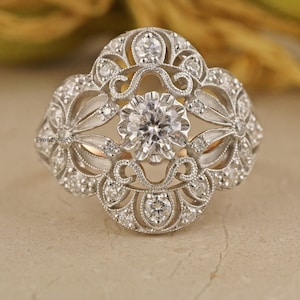Filigree Art Deco Ring/ Cocktail Wedding Ring In Two-Tone Gold/ Vintage Ring/ Round Colorless Moissanite Engagement Ring/ Milgrain Ring