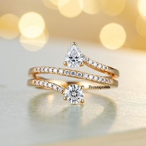 Toi Et Moi Bypass Proposal Ring/ Open Diamond Statement Bridal Jewelry/ Round & Pear Cut Moissanite Ring/ 14K White Gold Spiral Ring For Her