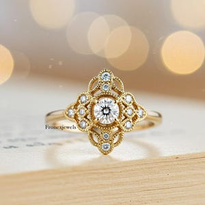Vintage Art Deco Milgrain Ring/ 14K Yellow Gold or Sterling Silver/ Round Cut Moissanite Engagement Ring/ Antique Style Jewelry for Women