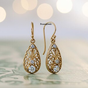 レトロなティアドロップ型ダイヤモンドイヤリング／1930年代ヴィンテージラウンドモアッサナイトイヤリング／ビクトリア朝スタイルのフィリグリーイヤリング／925シルバーダングルイヤリング