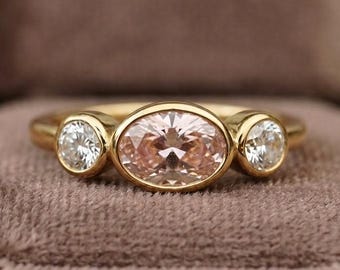 Three Stone Pink Oval Gemstone Ring, Lab Grown Diamond Engagement Ring, 14K Gold Bezel Set Ring, Round & Oval Trilogy Minimal Ring for Her