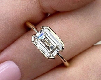 14K Solid Yellow Gold Solitaire Ring/ 3.00 CT East To West Emerald Cut Colorless Moissanite Engagement Ring/ Half Bezel Set Wedding Ring