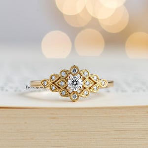 Vintage Art Deco Milgrain Moissanite Ring/ 14K Yellow Gold Victorian Ring/ Round Cut Wedding Ring/ 1930s Inspired Anniversary Ring for Women