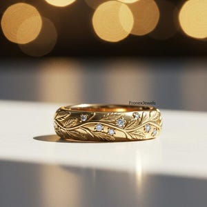Leafy Designer Moissanite Gold Wide Band/ 14K Yellow Gold Nature Inspired Wedding Band/ Round Cut Engraved Gold Ring/ Unique Botanical Ring