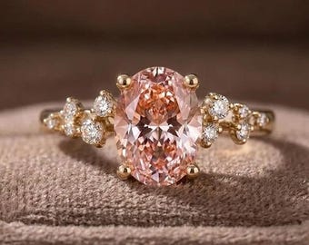 Pink Oval Cut Lab Grown Diamond Wedding Ring, Cluster Accent Engagement Ring, 14k Gold Pink Diamond Promise Ring, Anniversary Gift for Women