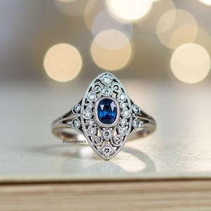 14K White Gold Long Art Deco Ring, Blue Sapphire Antique Engagement Ring, Milgrain Bezel Set Split Shank Ring, Statement Jewelry For Women