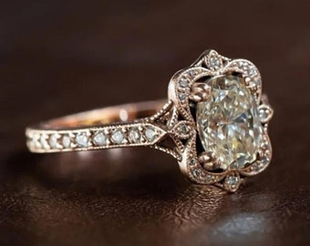 Vintage Art Deco Ring/ Milgrain Art Deco Engagement Ring/ Silver Art Deco Oval Cut Moissanite Engagement Ring/ 14K Gold Halo Wedding Ring