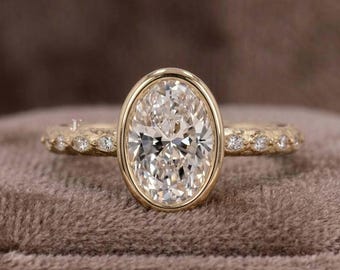 Vintage Bezel Setting Wedding Ring, Oval Cut Lab Grown Diamond Ring, Minimalist Textured Anniversary Solitaire Ring, 14K Yellow Gold Ring