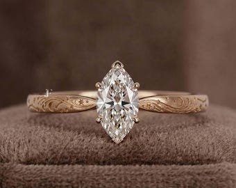 Art Deco Star Engraved Pinched Shank Ring, Marquise Cut Lab Grown Diamond Ring, Unique Witchy Vintage Solitaire Ring, 14K Gold Promise Ring
