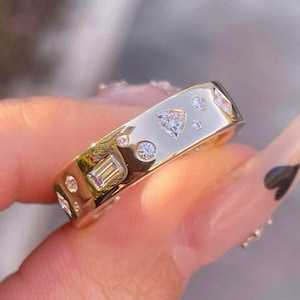 Flush Setting Multi Stone Band, Stacking Wedding Band, 14K Yellow Gold Full Eternity Band, Multi Cut Colorless Moissanite Engagement Ring