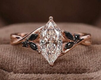 Dutch Marquise Lab Grown Diamond Engagement Ring, 14K Gold Black Accent Leaf Style Ring, Vintage Inspired Bridal Wedding Ring, Handmade Ring