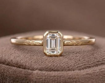 Bezel Set Solitaire Wedding Ring, Emerald Cut Lab Grown Diamond Engagement Ring, Leaf Engraved Gold Ring, Dainty Promise Ring, Gift for Her