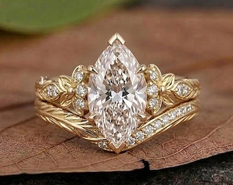 Floral Marquise Cut Lab Grown diamanten verlovingsring set, 14k goud met blad wijnstok trouwring, vintage bruids set handgemaakte ring voor vrouwen