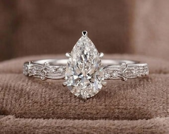 Unique Art Deco Music Note Pattern Ring, Pear Cut Lab Grown Diamond Ring, Music Clef Solitaire Musician Promise Ring, 14K White Gold Ring