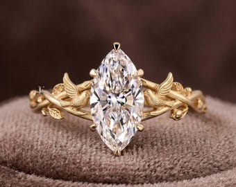 Nature Inspired Little Bird Ring For Her, Marquise Cut Lab Grown Diamond Ring, Unique Fairytale Solitaire Wedding Ring, 14K Yellow Gold Ring