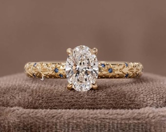 Celestial Starburst Blue Sapphires Ring, Oval Cut Lab Grown Diamond Ring, Unique Astronomy Galaxy Bridal Ring, 14K Yellow Gold Proposal Ring