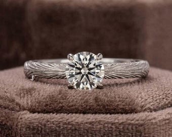 Hand Carved Plume Wedding Ring, Round Lab Grown Diamond Ring, Antique Textured Pattern Solitaire Promise Ring, 14K White Gold Promise Ring