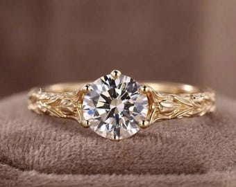 Vintage Tulip Filigree Pattern Ring, Unique Leaf Wedding Ring, Round Lab Grown Diamond Ring, Delicate Botanical Ring, 14K Yellow Gold Ring
