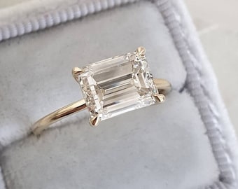 East To West Emerald Cut Ring/ 3 Emerald Cut Colorless Moissanite Engagement Ring/ Solitaire Ring In 14K Gold/ Emerald Cut Moissanite Ring