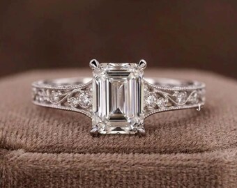 Vintage Milgrain Filigree Ring, Emerald Shaped Lab Grown Diamond Ring, Antique Vine Bridal Ring For Women, 14K White Gold Anniversary Ring