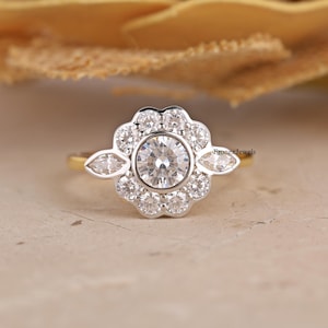 Two-Tone Gold Moissanite Ring/ Round Cut Engagement Ring/ Bezel Set Wedding Ring/ Antique Style Jewelry/ Flower Inspired Ring for Her