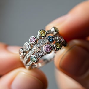 Puede incluir: Un anillo de plata con tres bandas, cada una adornada con piedras preciosas de colores y pequeños diamantes. Las piedras preciosas son de varios colores, incluyendo rosa, azul, amarillo y verde. El anillo está en una mano.