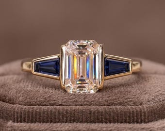Blue Sapphire Tapered Baguette Cut Ring, Emerald Cut lab Grown Diamond Engagement Ring, 14k Gold Bezel Set Three Stone Vintage Ring for Her
