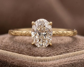 Vintage Oval Cut Lab Grown Engagement Ring, Tulip Engraved Wedding Ring, 14k Gold Solitaire Ring, Botanical Bridal Ring, Custom Promise Ring