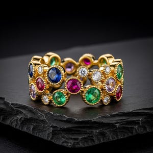 Bubble Set Full Eternity Rainbow Gemstones Band/ Multi Sapphire Round Cut Engagement Band/ 14k Solid Gold Bezel Set Stackable Wedding Band