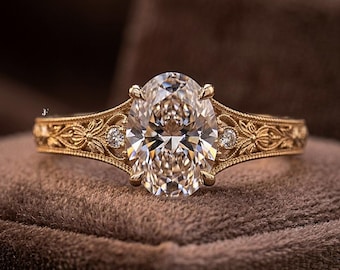 1920s Victorian Style Oval Lab Diamond Ring, Vintage Floral 14K Gold Engagement Ring, Milgrain Set Edwardian Ring, Handmade Anniversary Gift