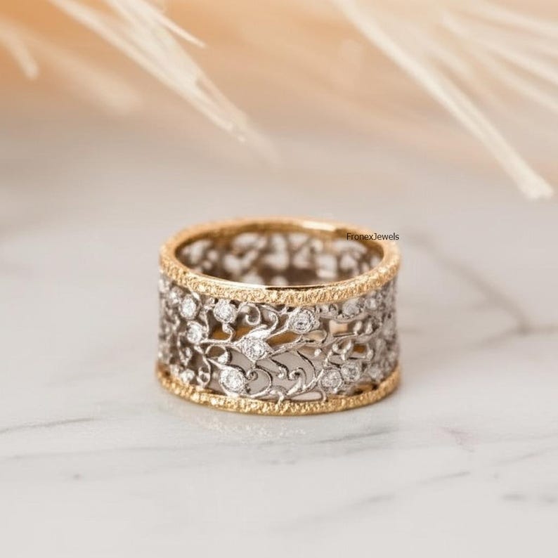 14K Two Tone Gold Filigree Leaf Design Band/ Moissanite Wide Band ...