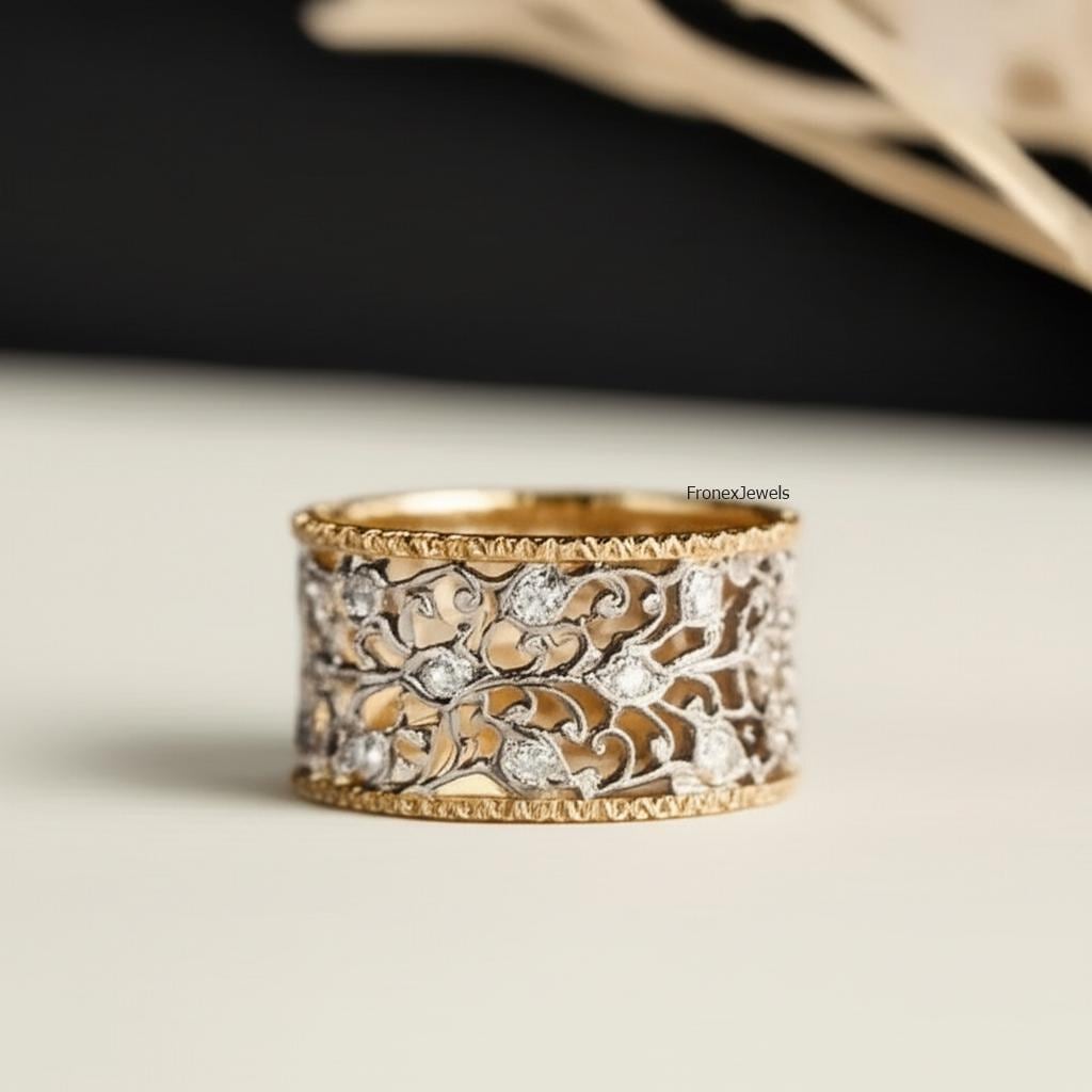 14K Two Tone Gold Filigree Leaf Design Band/ Moissanite Wide Band ...