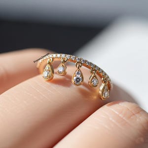 14K Gold Teardrop Dangle Diamond Ring/ Dainty Drop Charm Wedding Band/ Round Cut Moissanite Engagement Ring/ Delicate Gold Gift Jewelry