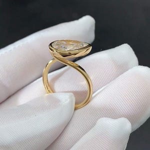 3 CT East to West Pear Cut Moissanite Engagement Ring, Bezel Set Bypass Design, 14K Yellow Gold Diamond Ring, Modern Stacking Ring for Women