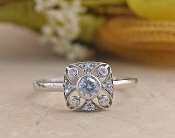 14K Solid White Gold Edwardian Art Deco Ring/ Round Colorless Moissanite Engagement Ring/ Milgrain Bezel Set Ring/ Five Stone Wedding Ring