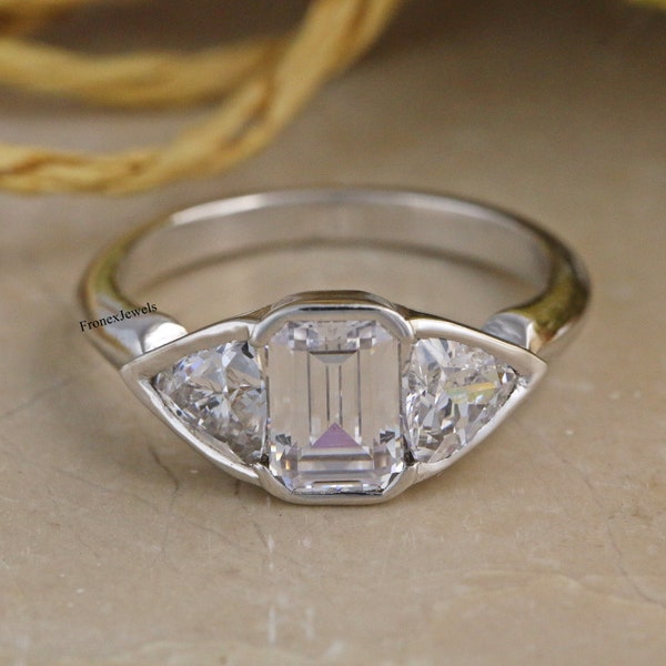 Three Stone Bezel Set Ring/ Emerald & Trilliant Cut Diamond Engagement Ring/ Trilogy Wedding Ring/ Emerald Cut 14K Solid White Gold Ring