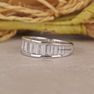 Channel Set 14K Solid White Gold Band/ Half Eternity Wedding Band/ Baguette Cut Moissanite Engagement Ring/ Stackable Women&#39;s Band Ring
