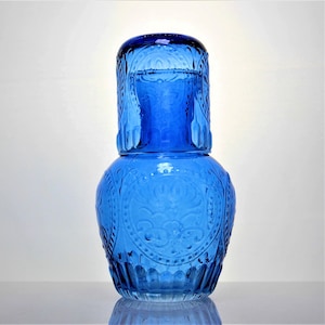 Blue Water Carafe, Bedside Carafe with Glass Cup, 1 Litre, Glass Carafe