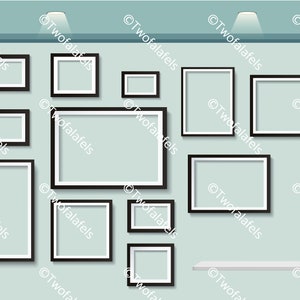 May include: A wall gallery with nine black picture frames of various sizes, arranged in a staggered pattern. The frames are on a light blue wall with a white shelf at the bottom.