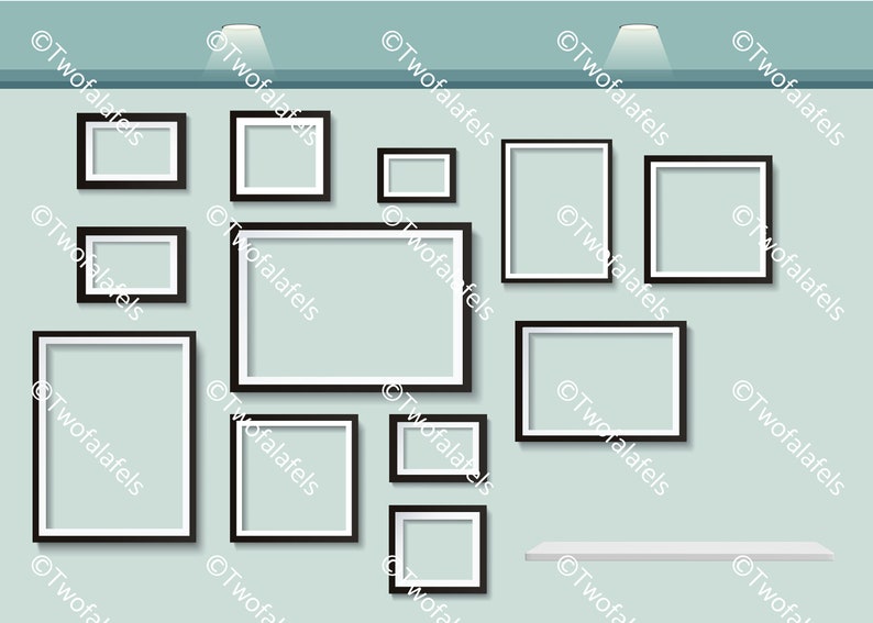 May include: A wall gallery with nine black picture frames of various sizes, arranged in a staggered pattern. The frames are on a light blue wall with a white shelf at the bottom.