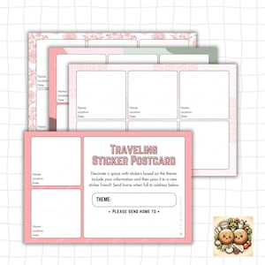 May include: A stack of travel-themed sticker postcards. The postcards have a pink border and include space for the name, location, and date. The text "TRAVELING STICKER POSTCARD" is displayed on the front, along with instructions.