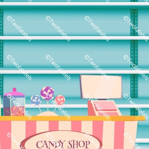 May include: A cartoon illustration of a candy shop with a pink and white striped counter. The counter has a sign that says "CANDY SHOP". There are shelves on the wall behind the counter, and a cash register on the counter. There are lollipops on the counter.