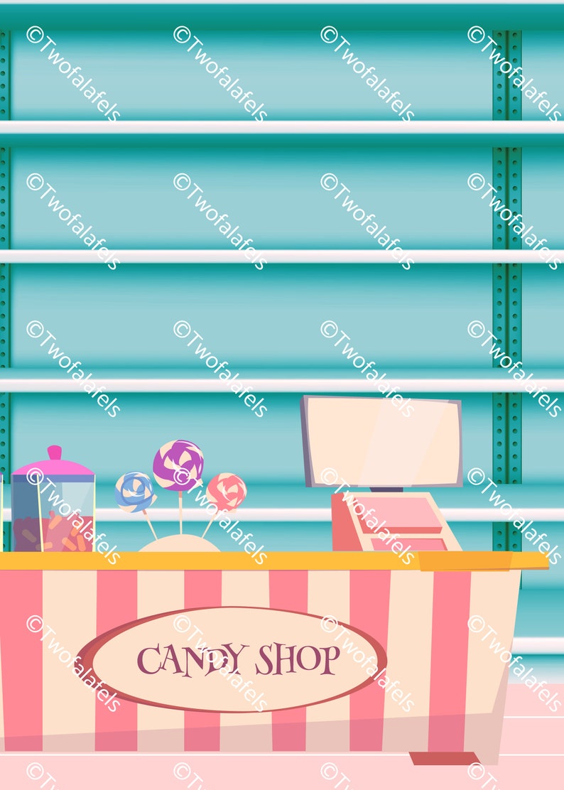 May include: A cartoon illustration of a candy shop with a pink and white striped counter. The counter has a sign that says "CANDY SHOP". There are shelves on the wall behind the counter, and a cash register on the counter. There are lollipops on the counter.