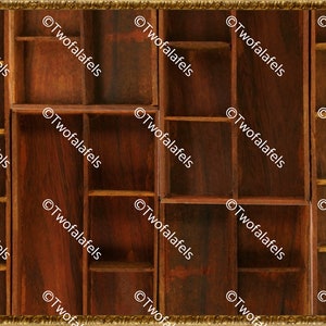 May include: A wooden storage box with multiple compartments. The box has a dark brown finish and is framed with a gold trim.