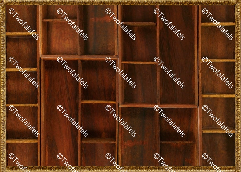 May include: A wooden storage box with multiple compartments. The box has a dark brown finish and is framed with a gold trim.
