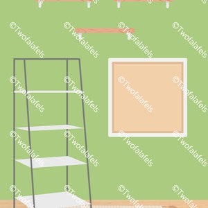 May include: A black metal shelf unit with three white shelves against a green wall. The shelf unit is next to a framed picture with a beige background. A brown and white rug is on the floor in front of the shelf unit.