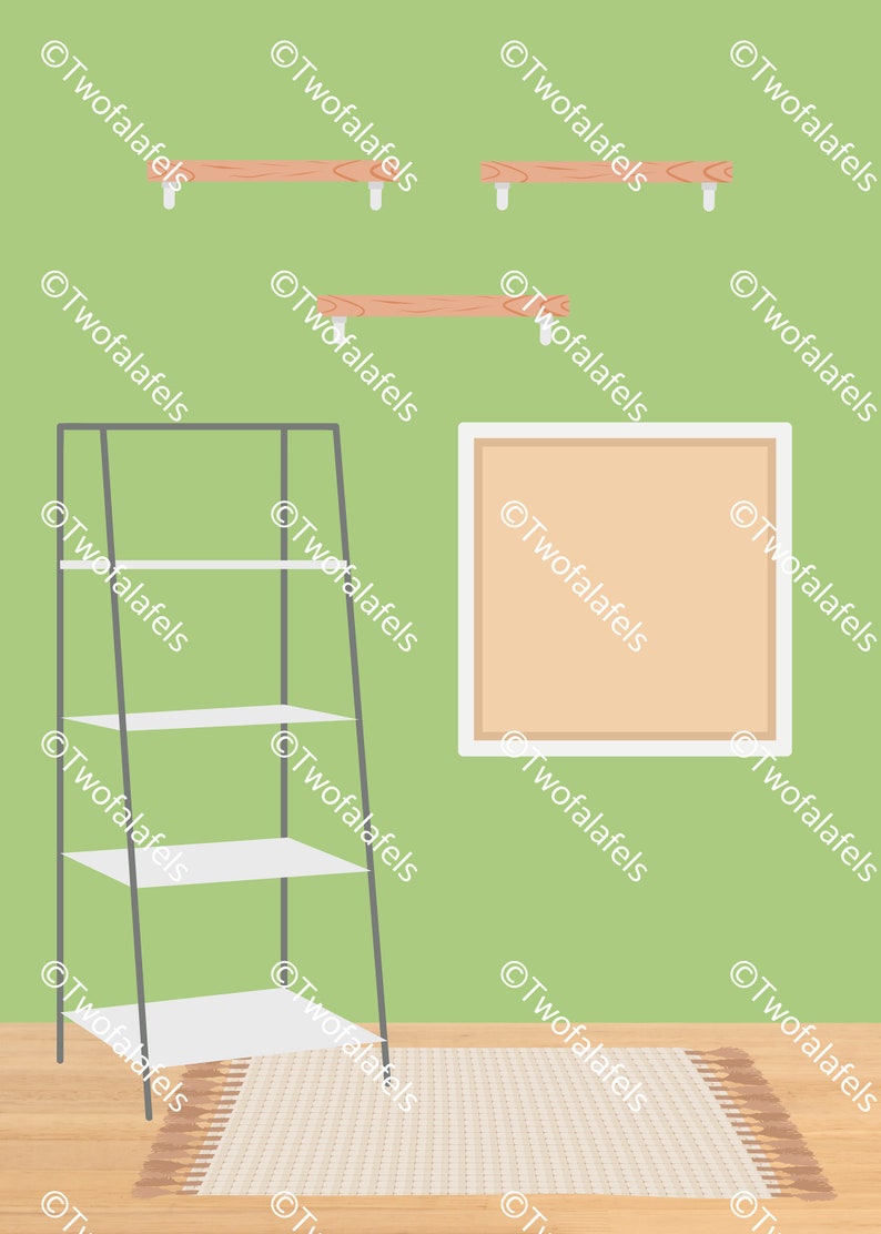 May include: A black metal shelf unit with three white shelves against a green wall. The shelf unit is next to a framed picture with a beige background. A brown and white rug is on the floor in front of the shelf unit.