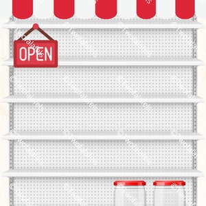 May include: White metal shelves with red and white striped awning above. The shelves are empty except for two clear glass jars with red lids on the bottom shelf. A red sign with the word "OPEN" hangs from the top shelf.