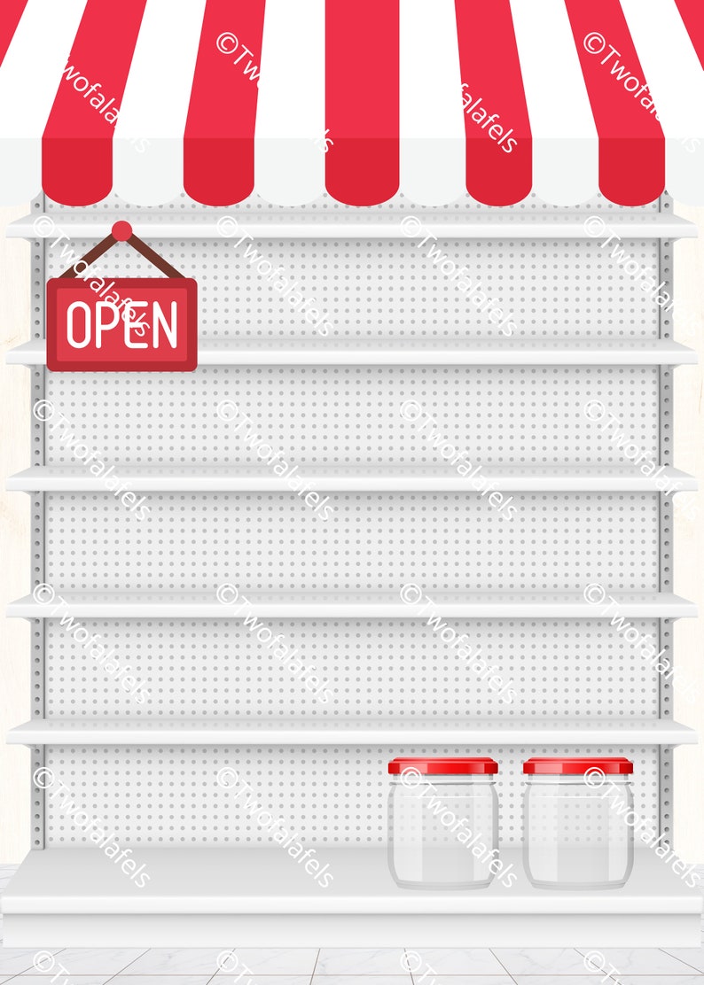 May include: White metal shelves with red and white striped awning above. The shelves are empty except for two clear glass jars with red lids on the bottom shelf. A red sign with the word "OPEN" hangs from the top shelf.