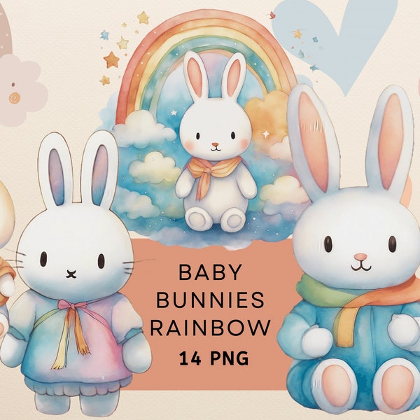 Watercolor Baby Bunnies Rainbow Clipart Bundle, Miffy Toy bunny clipart, Cute Nursery Art, Sublimation, Journals, Paper crafts, Commercial